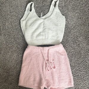 White and Pink Knit Tank Top and Shorts Set